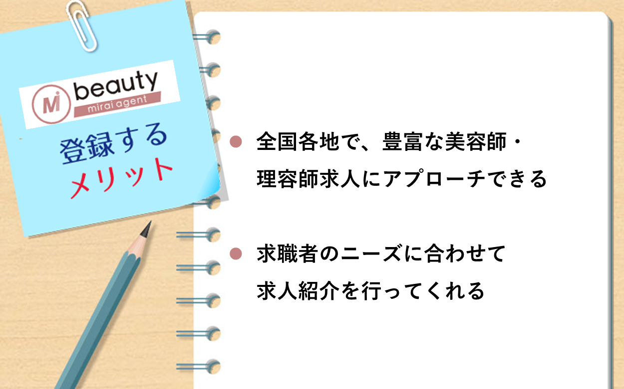 ビューティーミライエージェントに登録するメリット： ●全国各地で、豊富な美容師・理容師求人にアプローチできる ●求職者のニーズに合わせて求人紹介を行ってくれる