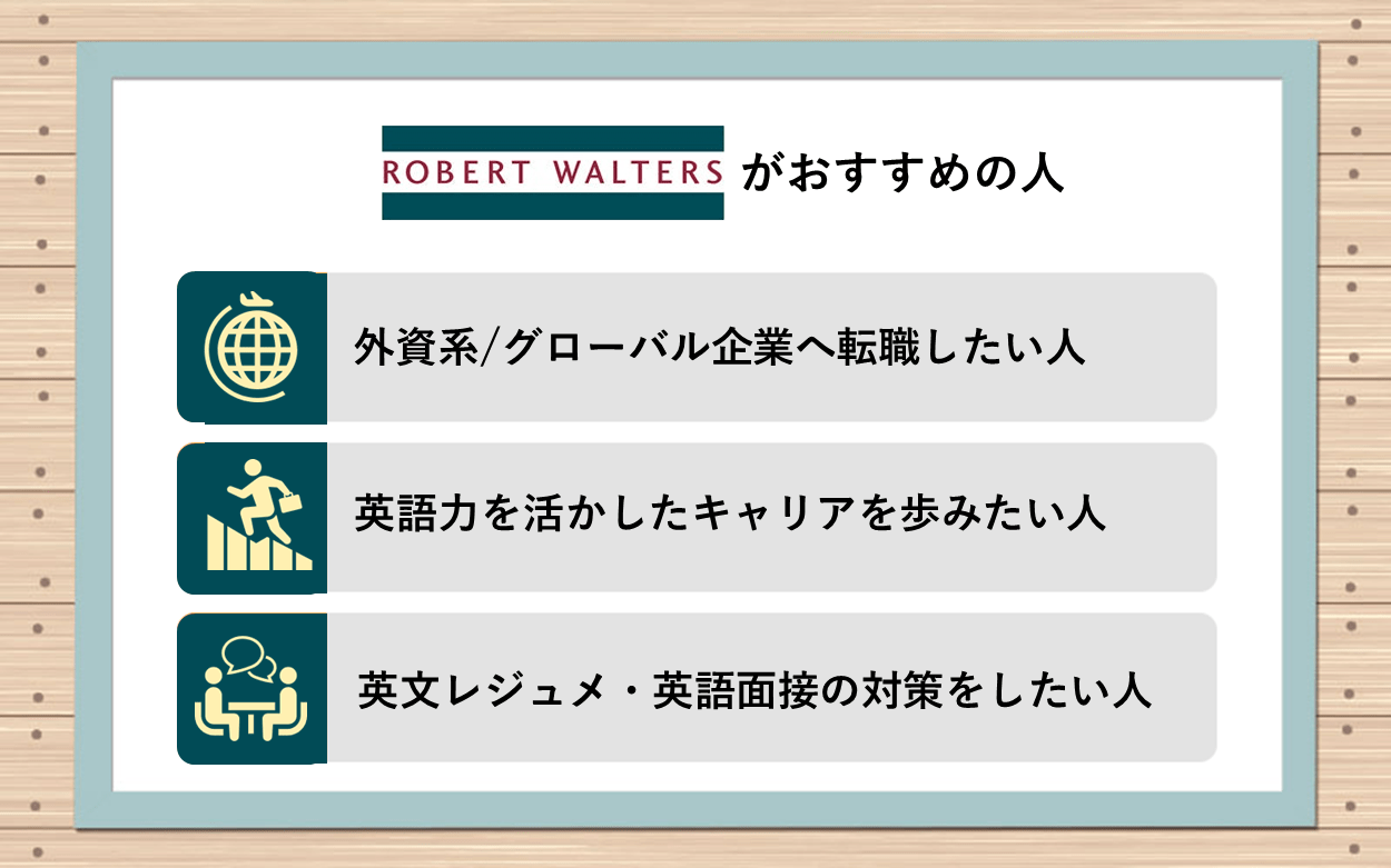 ロバート・ウォルターズがおすすめの人は？　・外資系/グローバル企業へ転職したい人　・英語力を活かしたキャリアを歩みたい人　・英文レジュメ・英語面接の対策をしたい人
