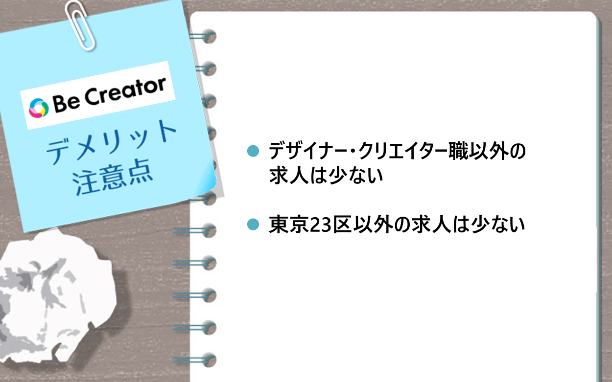 BeCreatorのデメリット・注意点　●デザイナー・クリエイター職以外の求人は少ない　●東京23区以外の求人は少ない
