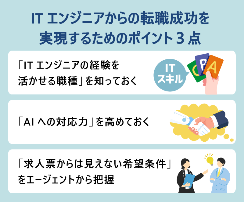 ITエンジニアからの転職成功を実現するためのポイント3点|「ITエンジニアの経験を活かせる職種」を知っておく|「AIへの対応力」を高めておく|「求人票からは見えない希望条件」をエージェントから把握