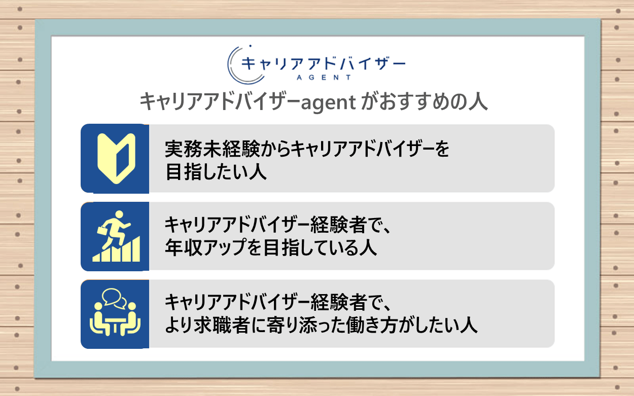 キャリアアドバイザーagentがおすすめの人：●実務未経験からキャリアアドバイザーを目指したい人　●キャリアアドバイザー経験者で、年収アップを目指している人　●キャリアアドバイザー経験者で、より求職者に寄り添った働き方がしたい人