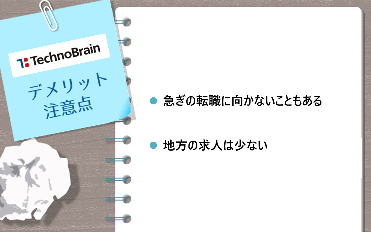 テクノブレーンのデメリット・注意点　●急ぎの転職に向かないこともある ●地方の求人は少ない