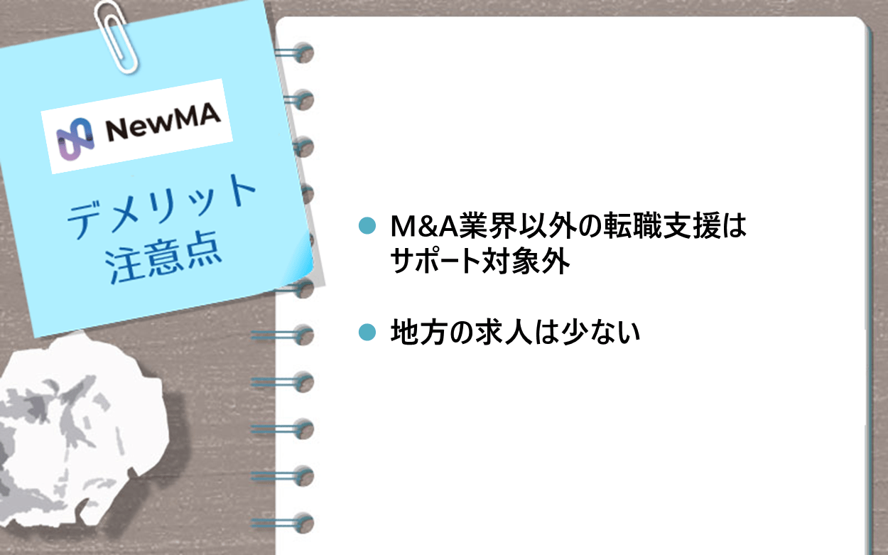 NewMAのデメリット・注意点　●M&A業界以外の転職支援はサポート対象外　●地方の求人は少ない