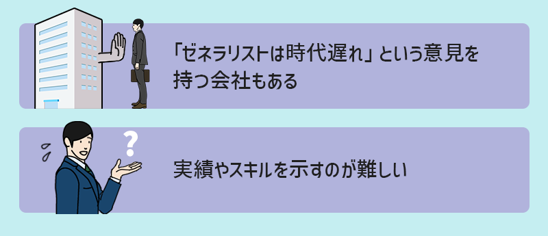 ゼネラリストを目指すうえで注意したいデメリット・リスク　　☑「ゼネラリストは時代遅れ」という意見を持つ会社もある　　☑ 実績やスキルを示すのが難しい