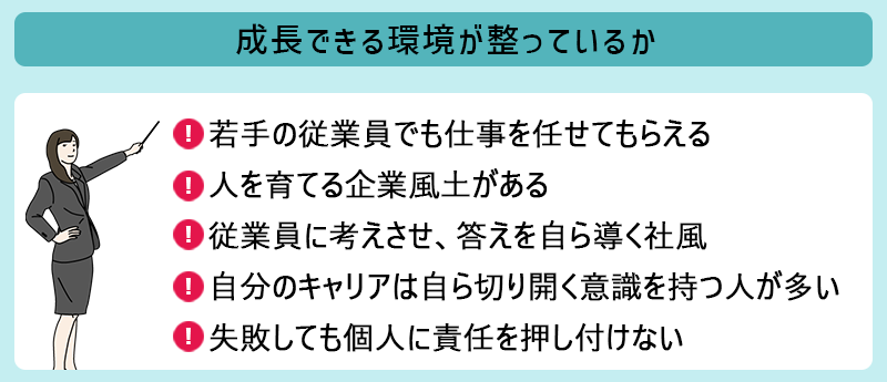 成長できる環境が整っているか ■若手社員でも仕事を任せてもらえる ■人を育てる企業風土がある ■従業員に考えさせ、答えを自ら導く社風 ■自分のキャリアは自分で切り開くという意識 ■失敗しても個人に責任を押し付けない