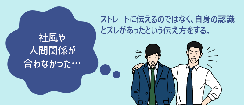 社風や人間関係が合わなかった…→ストレートに伝えるのではなく、自身の認識とズレがあったという伝え方をする。