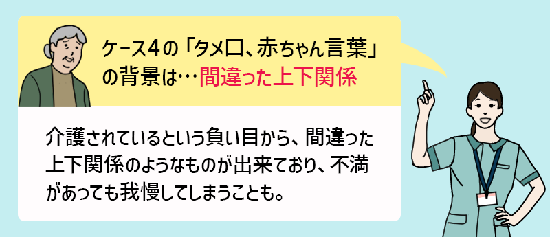 ケース4の「タメ口、赤ちゃん言葉」の背景は…間違った上下関係　介護されているという負い目から、間違った上下関係のようなものが出来ており、不満があっても我慢してしまうことも。