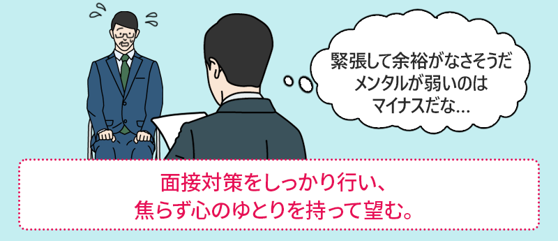 面接対策をしっかり行い、焦らず心のゆとりを持って望む。