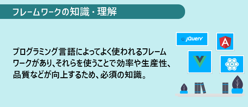 フレームワークの知識・理解：プログラミング言語によってよく使われるフレームワークがあり、それらを使うことで効率や生産性、品質などが向上するため、必須の知識。