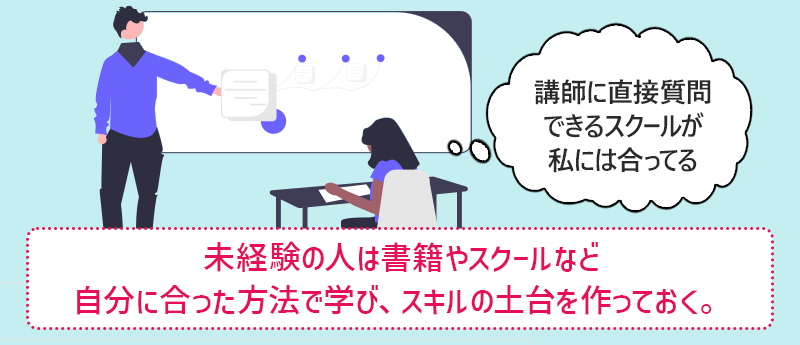 未経験の人は書籍やスクールなど自分に合った方法で学び、スキルの土台を作っておく。