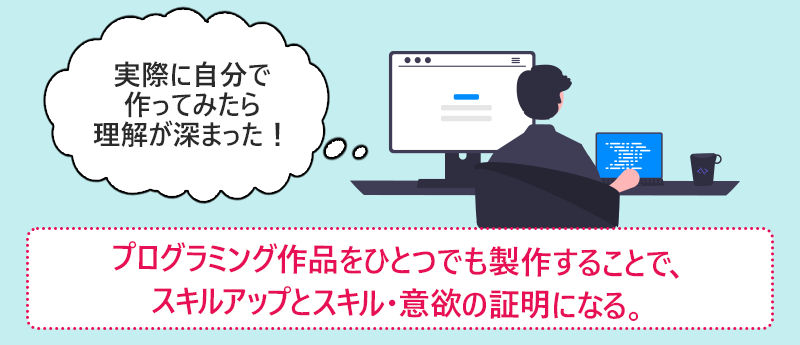 プログラミング作品をひとつでも製作することで、スキルアップとスキル・意欲の証明になる。