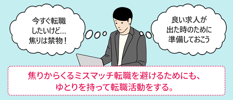 焦りからくるミスマッチ転職を避けるためにも、ゆとりを持って転職活動をする。