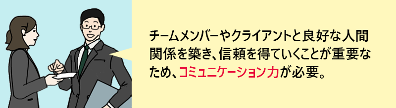 チームメンバーやクライアントと良好な人間関係を築き、信頼を得ていくことが重要なため、コミュニケーション力が必要。