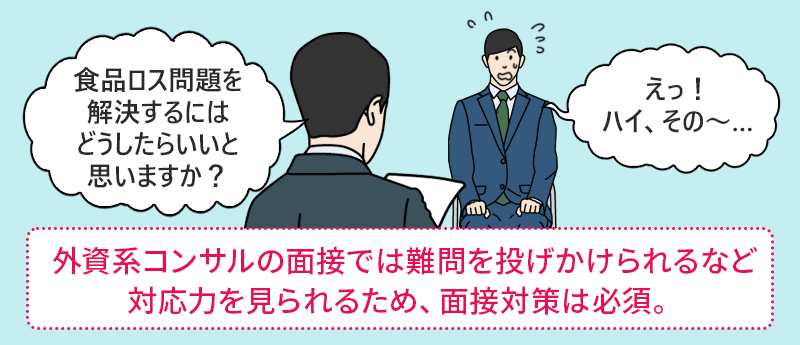 外資系コンサルの面接では難問を投げかけられるなど対応力を見られるため、面接対策は必須。