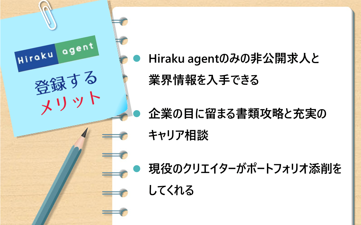 Hiraku agentに登録するメリット：　●Hiraku agentのみの非公開求人と業界情報を入手できる ●企業の目に留まる書類攻略と充実のキャリア相談　●現役のクリエイターがポートフォリオ添削をしてくれる