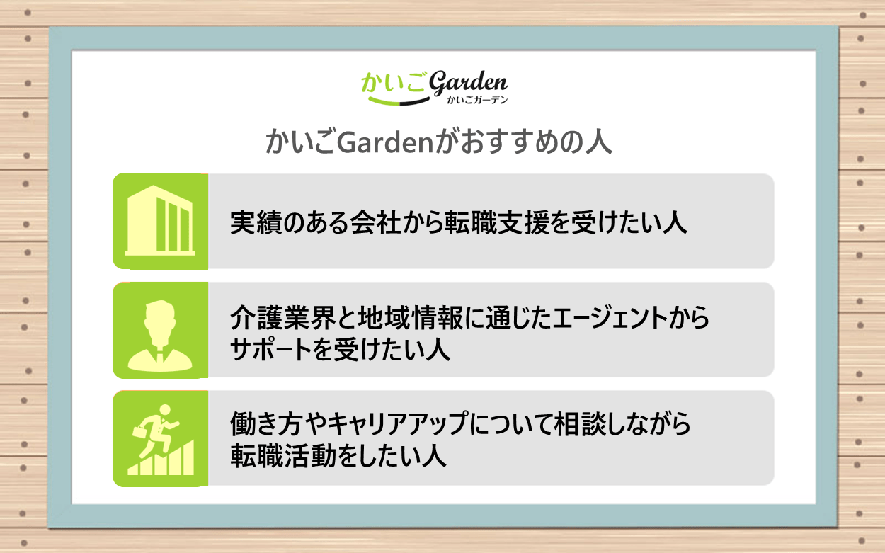 かいごGardenがおすすめの人｜・実績のある会社から転職支援を受けたい人 ・介護業界と地域情報に通じたエージェントからサポートを受けたい人 ・働き方やキャリアアップについて相談しながら転職活動をしたい人