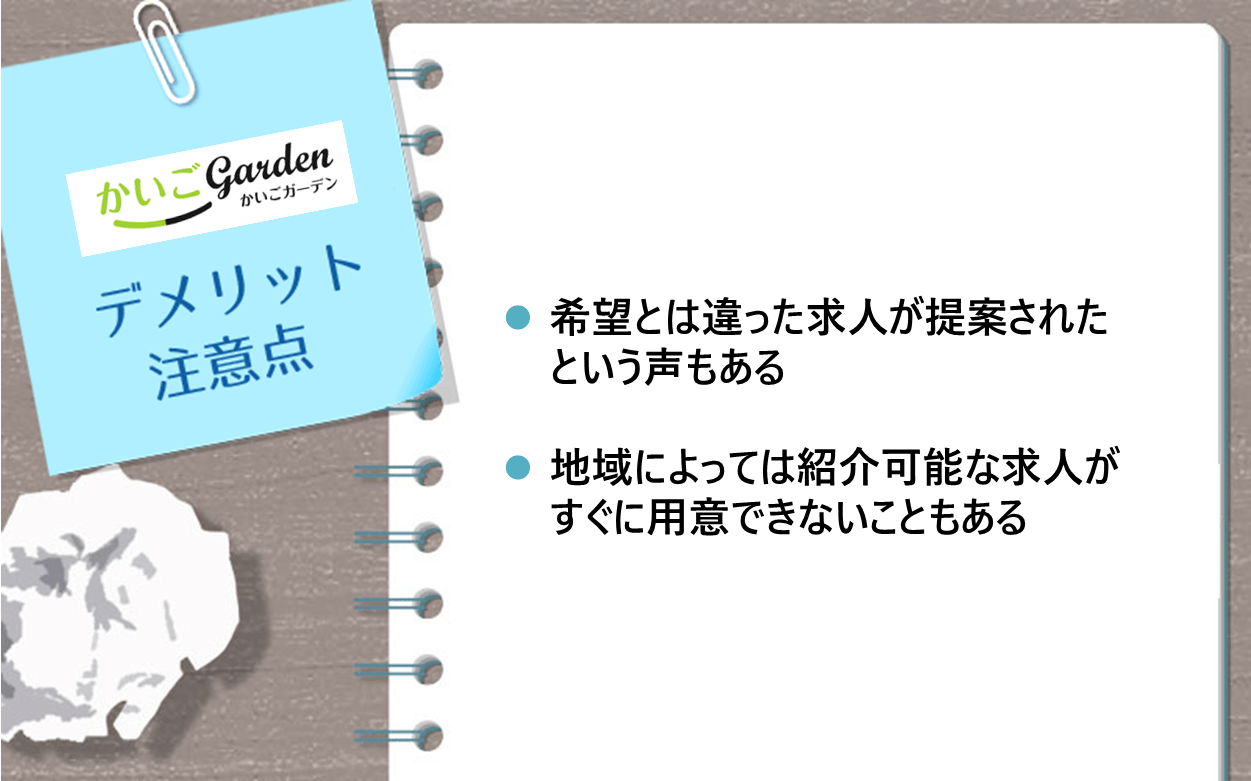 かいごGardenのデメリット・注意点｜・希望とは違った求人が提案されたという声もある ・地域によっては紹介可能な求人がすぐに用意できないこともある