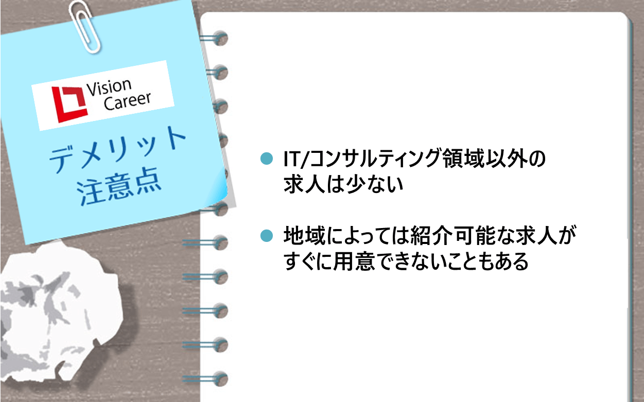 ビジョン・キャリアのデメリット・注意点｜●IT/コンサルティング領域以外の求人は少ない ●地域によっては紹介可能な求人がすぐに用意できないこともある