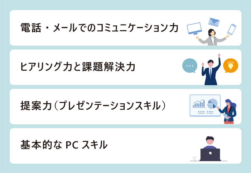 ●インサイドセールスの仕事で必要な知識・スキル ・電話・メールでのコミュニケーション力 ・ヒアリング力と課題解決力 ・提案力（プレゼンテーションスキル） ・基本的なPCスキル