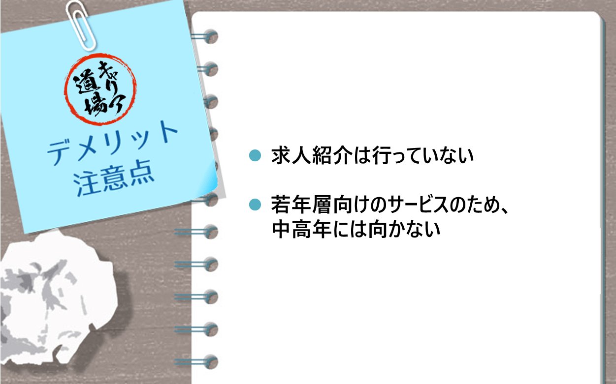 キャリア道場のデメリット・注意点｜●求人紹介は行っていない ●若年層向けのサービスのため、中高年には向かない
