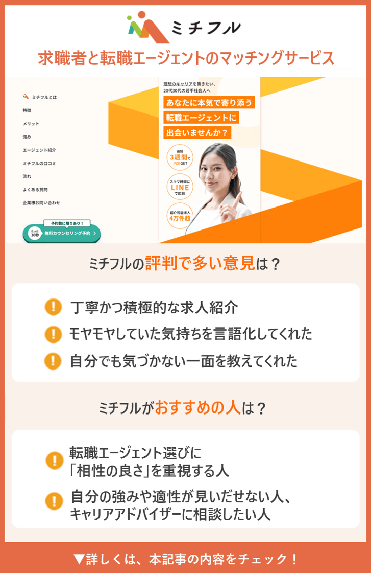 【ミチフル】 求職者と転職エージェントのマッチングサービス ●ミチフルの評判で多い意見は？ ・丁寧かつ積極的な求人紹介 ・モヤモヤしていた気持ちを言語化してくれた ・自分でも気づかない一面を教えてくれた ●ミチフルがおすすめの人は？ ・転職エージェント選びに「相性の良さ」を重視する人 ・自分の強みや適性が見いだせない人、キャリアアドバイザーに相談したい人