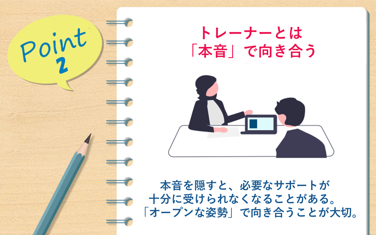 Point2：トレーナーとは「本音」で向き合う｜本音を隠すと、必要なサポートが十分に受けられなくなることがある。「オープンな姿勢」で向き合うことが大切。