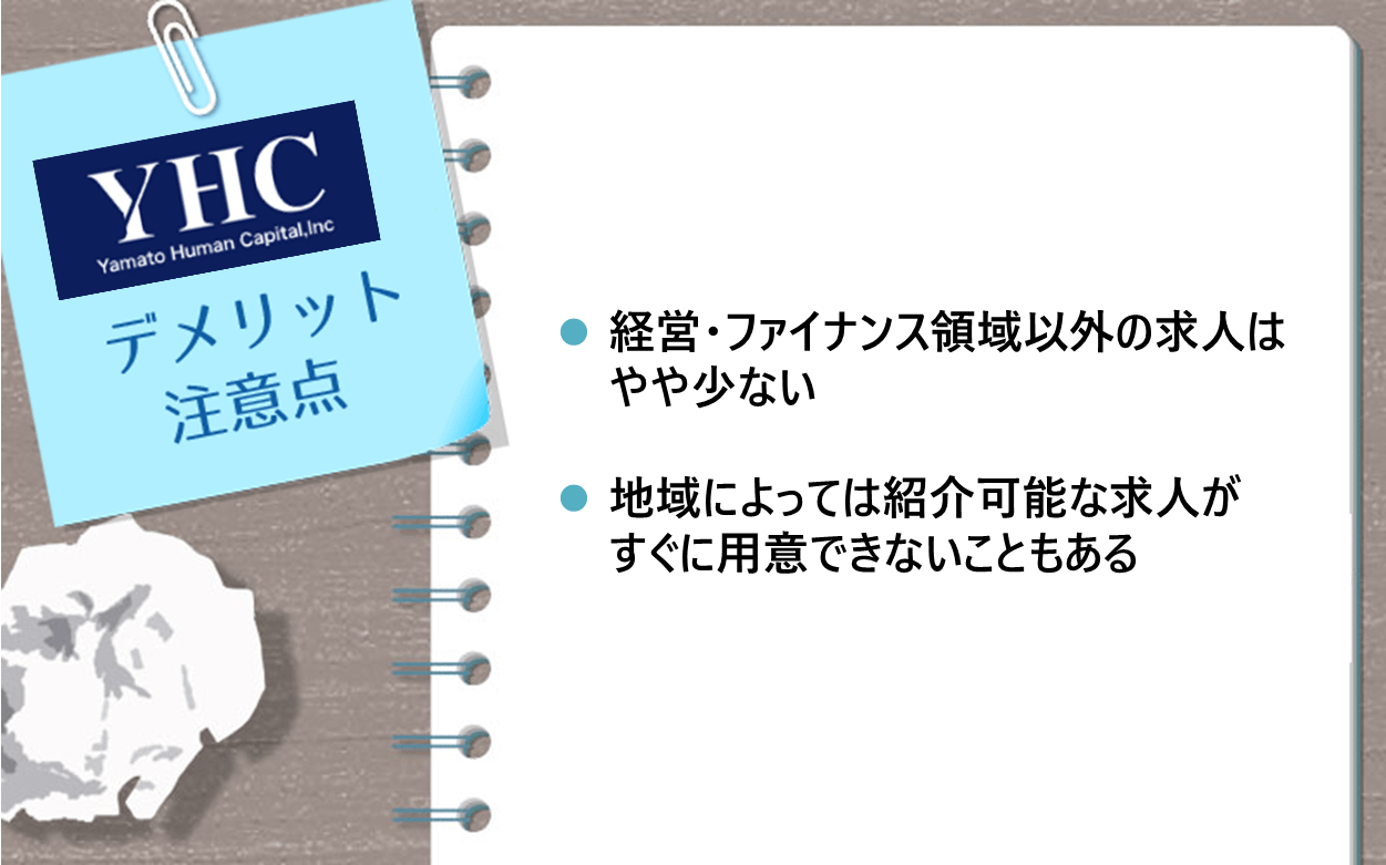 ヤマトヒューマンキャピタルのデメリット・注意点 ●経営・ファイナンス領域以外の求人はやや少ない ●地域によっては紹介可能な求人がすぐに用意できないこともある
