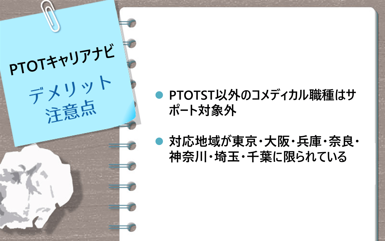 PTOTキャリアナビのデメリット・注意点 ●PTOTST以外のコメディカル職種はサポート対象外 ●対応地域が東京・大阪・兵庫・奈良・神奈川・埼玉・千葉に限られている