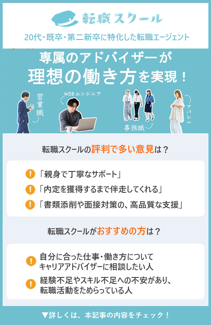 【転職スクール】20代・既卒・第二新卒に特化した転職エージェント ●転職スクールの評判で多い意見は？ ・「親身で丁寧なサポート」 ・「内定を獲得するまで伴走してくれる」 ・「書類添削や面接対策の、高品質な支援」 ●転職スクールがおすすめの人は？ ・自分に合った仕事・働き方についてキャリアアドバイザーに相談したい人 ・経験不足やスキル不足への不安があり、転職活動をためらっている人