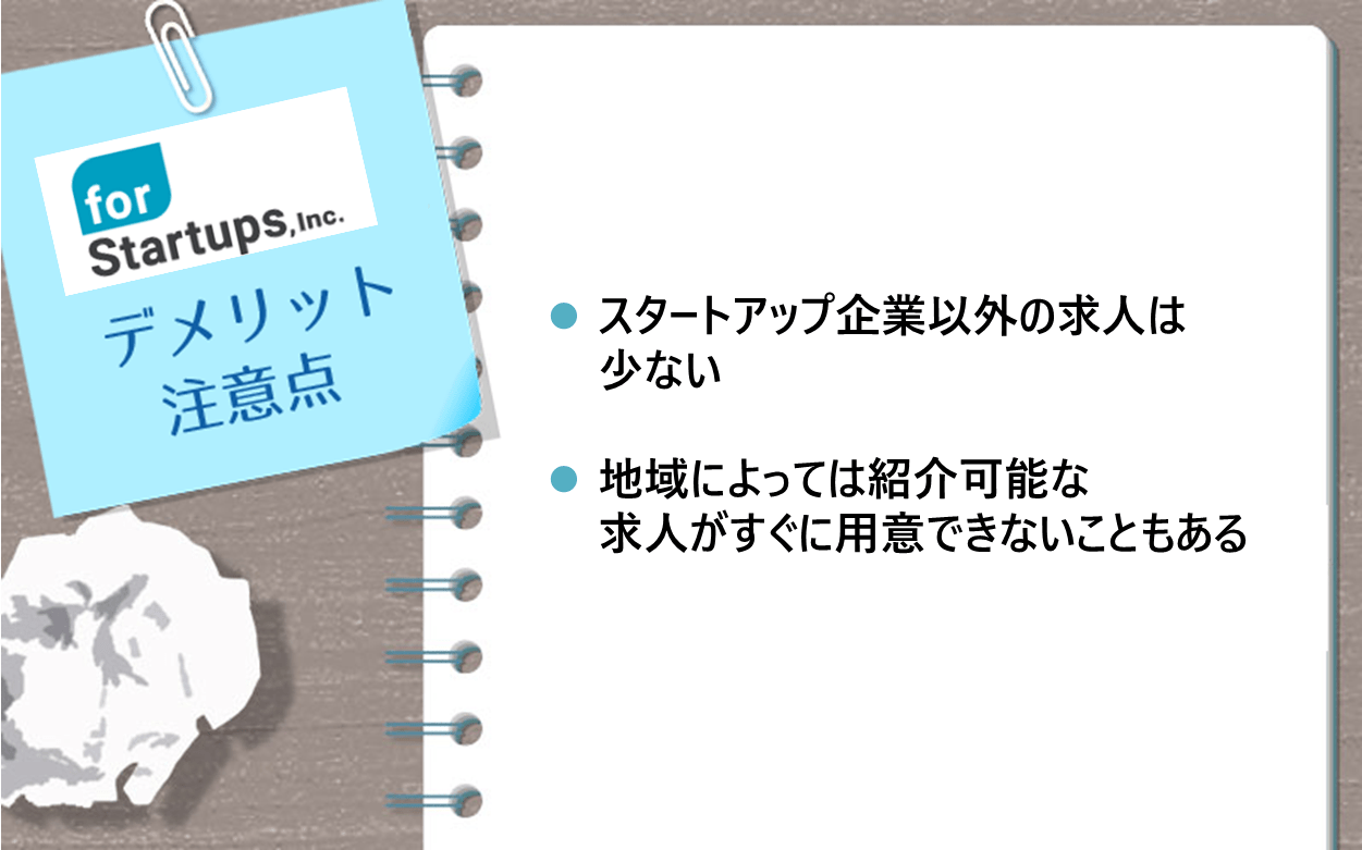 フォースタートアップスのデメリット・注意点 ●スタートアップ企業以外の求人は少ない ●地域によっては紹介可能な求人がすぐに用意できないこともある