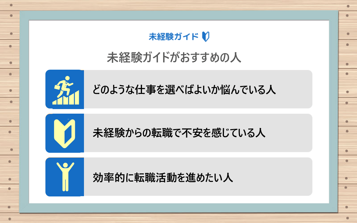 未経験ガイドがおすすめの人｜●どのような仕事を選べばよいか悩んでいる人 ●未経験からの転職で不安を感じている人 ●効率的に転職活動を進めたい人