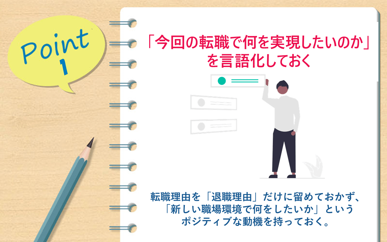 「今回の転職で何を実現したいのか」を言語化しておく｜転職理由を「退職理由」だけに留めておかず、「新しい職場環境で何をしたいか」というポジティブな動機を持っておく。