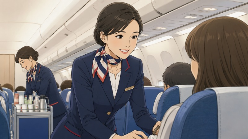 航空会社で10年間働く30代女性の客室乗務員が、機内で乗客に笑顔で接客している様子。清潔感のある制服姿で通路に立ち、他のCAスタッフも機内サービスを行っており、人と接する仕事にやりがいを感じながら働いていた当時の充実感が伝わるシーン。