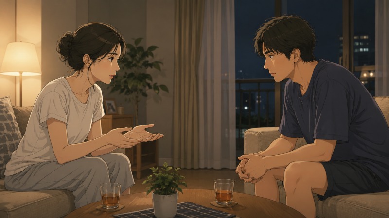 夜のリビングで30代夫婦が向かい合い、離婚について真剣に話し合っている様子。部屋着姿の二人がローテーブルを挟んで座り、静かな緊張感の中で互いの気持ちを伝え合う、結婚生活の転機となるシーン。