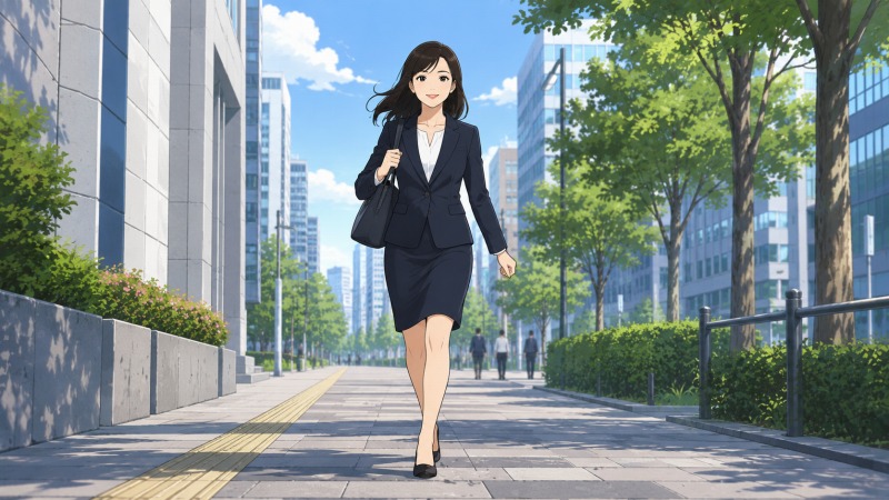 リクルートスーツ姿の30代女性が、オフィス街の歩道を前を向いて早足で歩いている様子。離婚後の転職活動の中で、「前向きに進もう」と気持ちを切り替えながら、新しい仕事を探して行動するシーン。