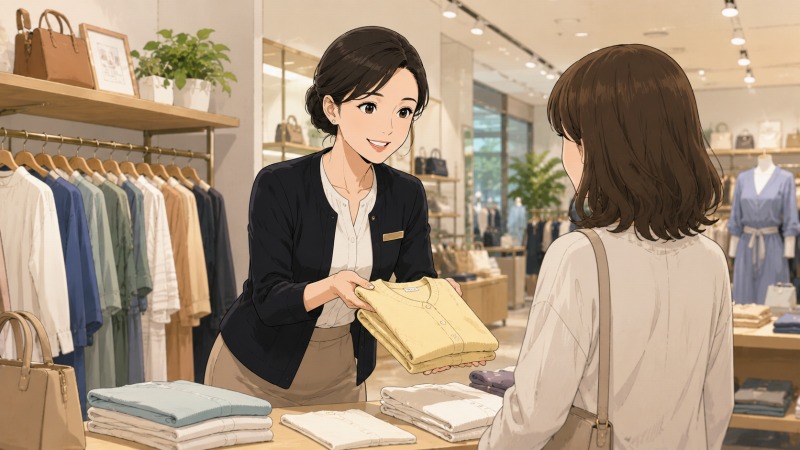 小売店に転職した30代女性が、明るいアパレルショップで顧客に服を提案しながら接客販売をしている様子。転職後の新しい職場で、販売員として人と向き合いながら働くシーン。