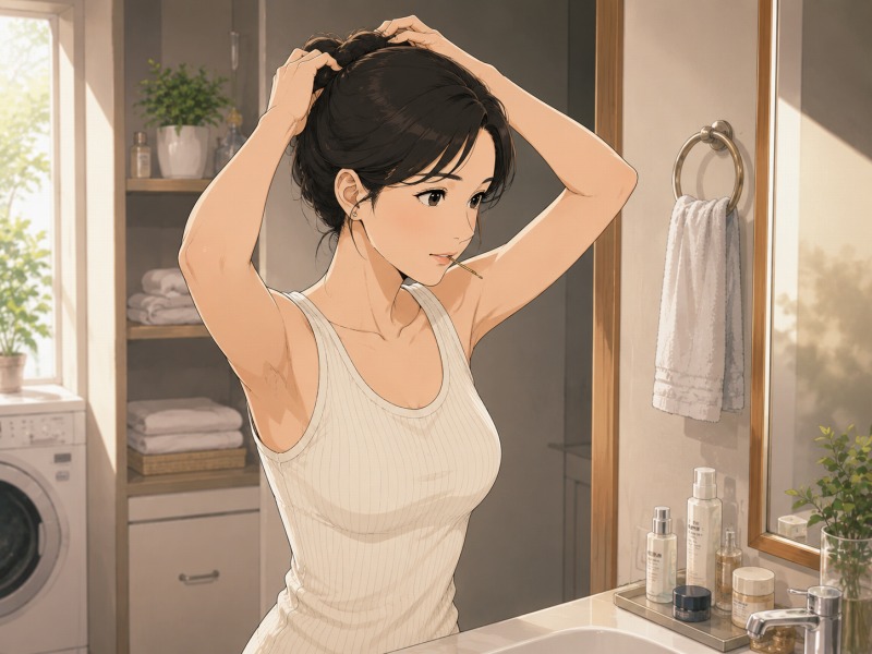 朝の洗面所で30代女性がヘアピンを口にはさみ、髪をかき上げて身支度をしている様子。転職後の一日を迎える前の、落ち着きと緊張感が混じる準備のシーン。。