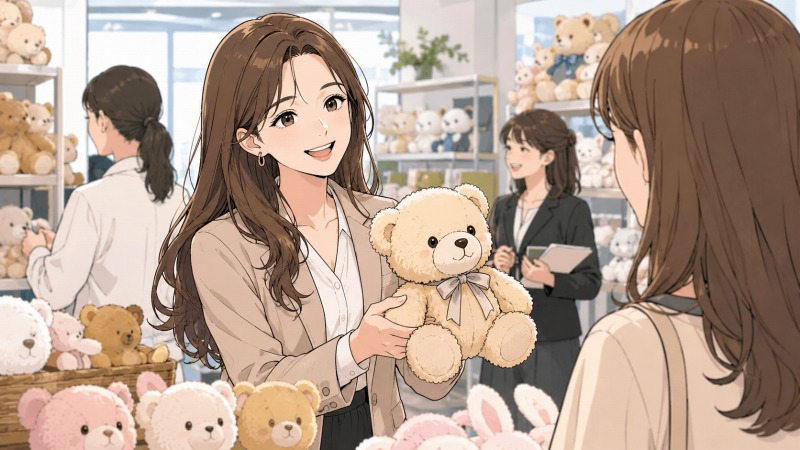 ぬいぐるみメーカーの営業職として働く都会風のロングヘアの女性が、小さな会社の展示スペースで顧客にテディベアを紹介しながら明るく接客している、契約社員時代の仕事にやりがいを感じていた転職体験談のワンシーン。