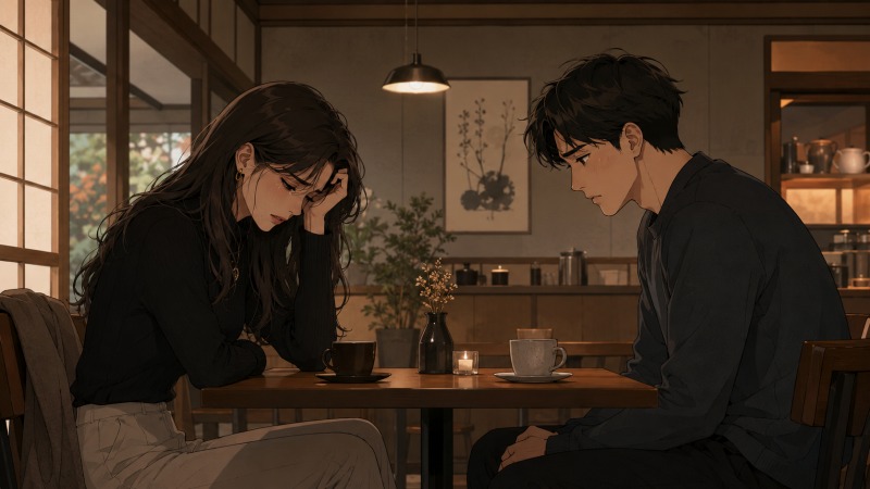 結婚間近だった彼との破局を告げられた40代女性が、落ち着いた喫茶店のテーブルで涙をこらえてうつむき、向かいの男性が申し訳なさそうに座っている、転職のきっかけとなった別れ話のワンシーン。