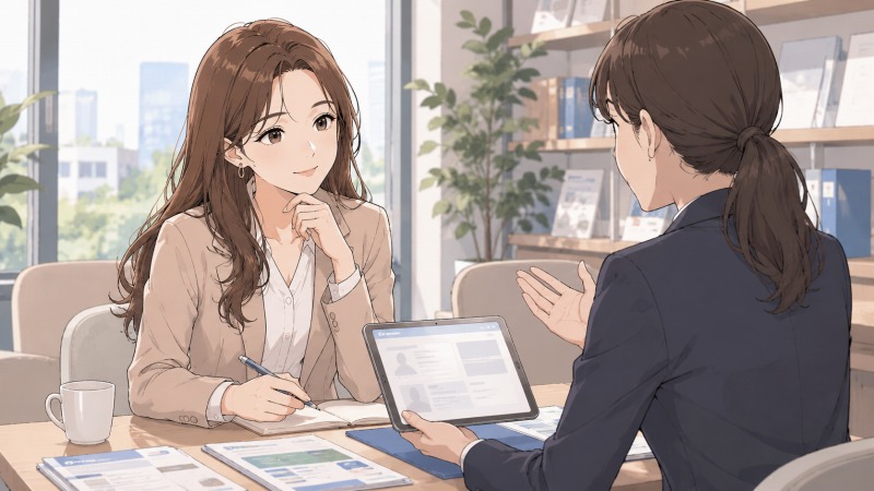 転職活動を始めた40代女性が、明るいオフィスで転職エージェントの女性アドバイザーから求人紹介や面接準備の説明を受け、正社員転職に向けて前向きに相談しているワンシーン。