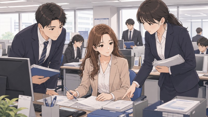 新しい専門商社のオフィスで事務職として働き始めた40代女性が、年下の上司や先輩から業務説明を受けながら、慣れない環境で真剣に書類対応を進めている転職後のワンシーン。