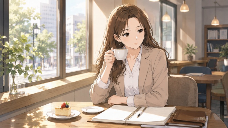 主任への昇進を目指す40代女性が、明るいカフェの窓際でコーヒーを飲みながら一息つき、ノートを開いてこれからの仕事や資格取得に向けて前向きに英気を養っているワンシーン。