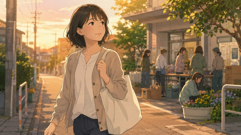 夕暮れの住宅街を歩きながらボランティア活動へ向かう30代女性。ECサイト運営の仕事を続けながら、人とのつながりや社会貢献に生きがいを感じていた頃の穏やかな日常風景。