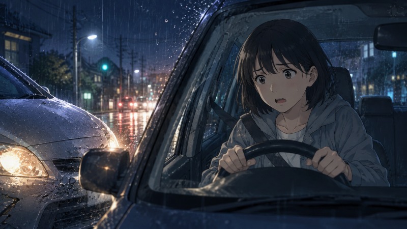 掛け持ち勤務による寝不足と疲労で注意力が落ち、雨の夜道で接触事故を起こして青ざめる30代女性。転職を決意するきっかけとなった不安と後悔の場面。