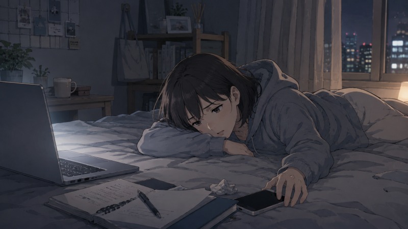 転職活動を始めたいのに気力が湧かず、夜の部屋でノートPCを開いたままベッドに倒れ込む30代女性。仕事とアルバイトの疲労で心身が限界に近い場面。