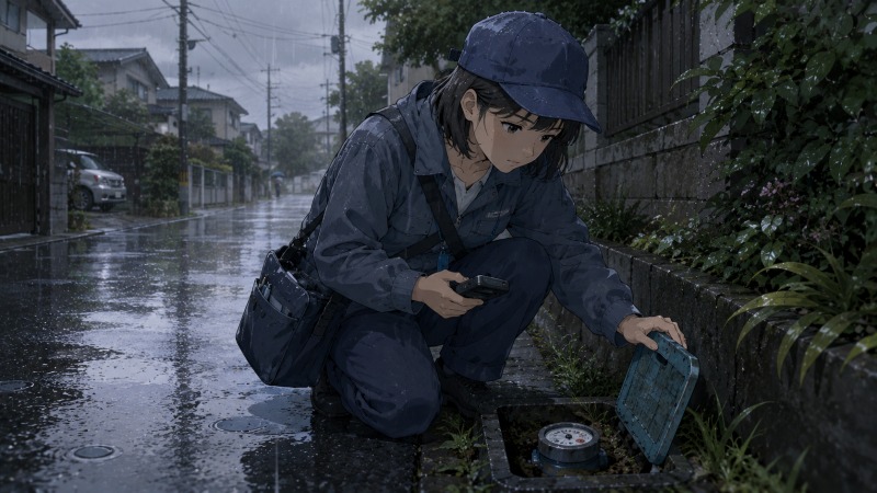 雨の住宅街で作業服姿の30代女性が水道メーターを確認する場面。未経験から水道検針員へ転職し、外回りの厳しさと不安を感じながら仕事に向き合っている。