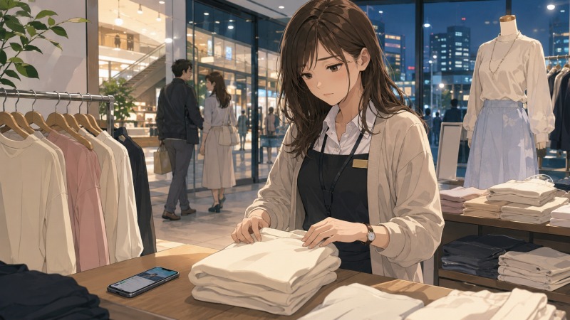 大阪のショッピングモールで販売員として働く32歳女性が、閉店前のアパレルショップで無表情に衣類を畳んでいる様子。窓の外には夜景が広がり、友人の結婚報告が表示されたスマホを横目に、将来への焦りとやりがいのない日常への孤独感を抱えている転職前のシーン。