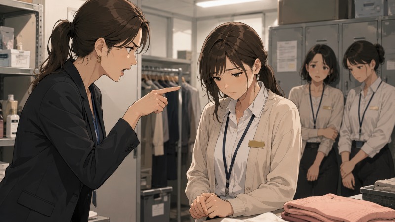 ショッピングモールのバックヤードで、販売員の32歳女性が女性上司から厳しく叱責され、俯いて耐えている転職前のシーン。周囲の同僚も気まずそうに見守り、パワハラ的な人間関係による強いストレスと孤立感が表現されている。