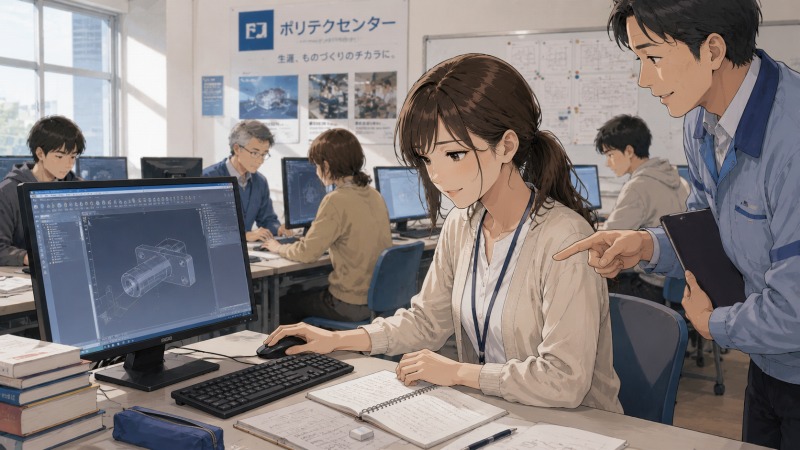 ポリテクセンターの職業訓練教室で、32歳女性が講師のサポートを受けながらCADで機械設計を学んでいるシーン。未経験から設計アシスタントへの転職を目指し、不安を乗り越えて新しいスキルを身につけていく前向きな姿が描かれている。