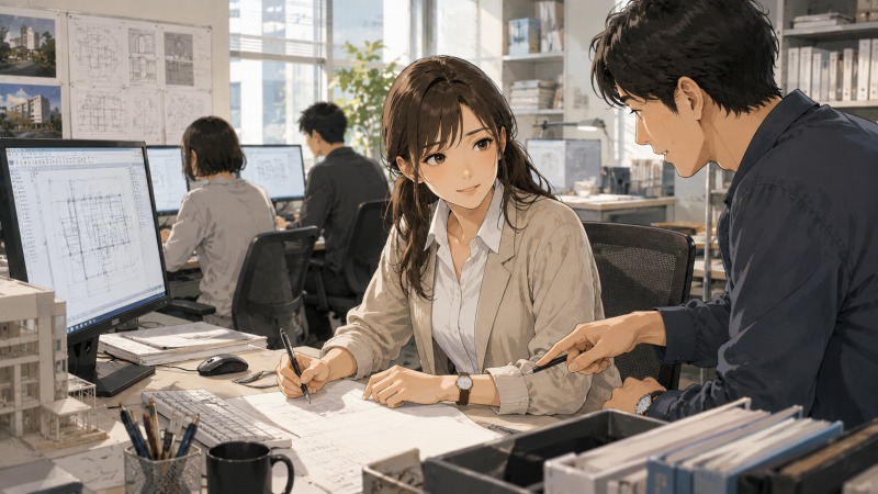設計事務所で設計アシスタントとして働く32歳女性が、先輩社員に質問しながら図面作成を進めている転職後のシーン。未経験から新しい職場に入り、安心できる環境で機械設計やCADの知識を実務に活かし、自分らしく成長している姿が描かれている。